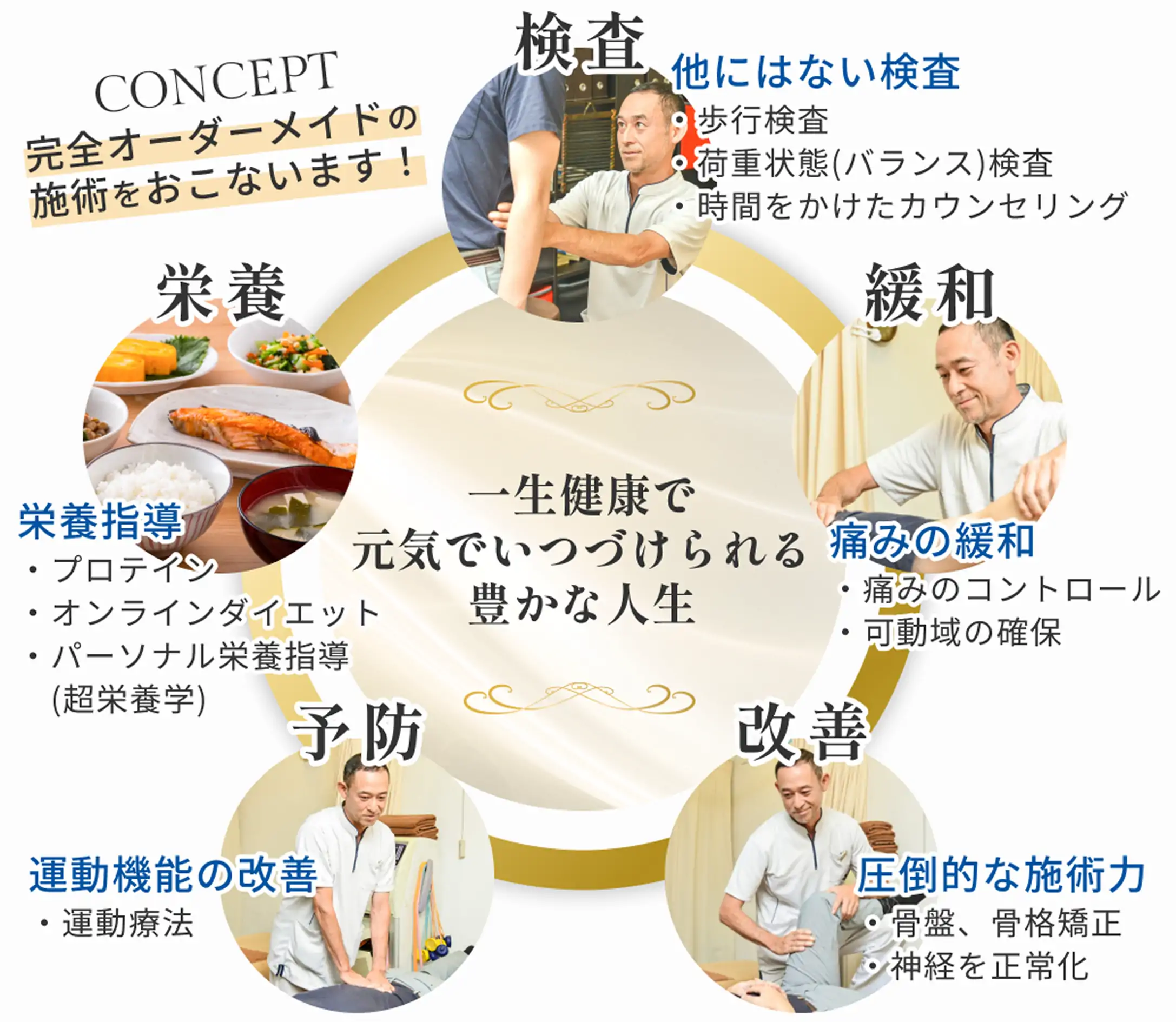 Concept 完全オーダーメイドの施術を行います！
                        検査：他にはない検査
                        ・歩行検査
                        ・荷重状態(バランス)検査
                        ・時間をかけたカウンセリング
                        緩和：痛みの緩和
                        ・痛みのコントロール
                        ・可動域の確保
                        改善：圧倒的な施術力
                        ・骨盤、骨格矯正
                        ・神経を正常化
                        予防：運動機能の改善
                        ・運動療法
                        栄養：栄養指導
                        ・プロテイン
                        ・オンラインダイエット
                        ・パーソナル栄養指導(超栄養学)
                        一生健康で元気でいつづけられる豊かな人生